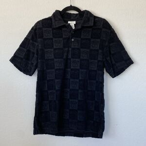 Smiley + H&M Polo Shirt Mens Black Embossed Textured Print AOP Y2K Style Size XS